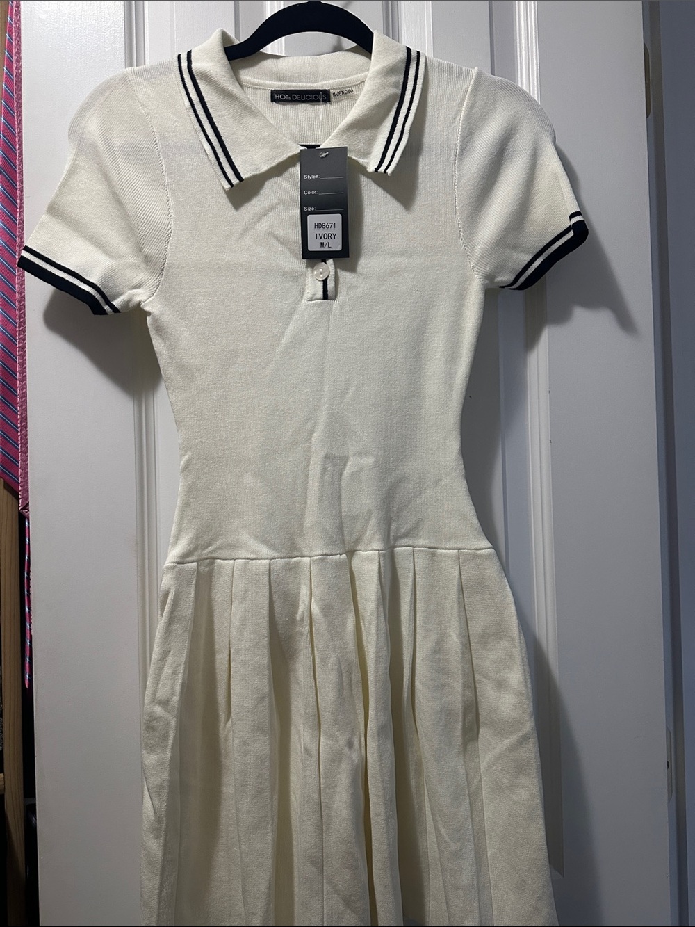 Moncler-Inspired Ivory Polo Pleated Knit Dress